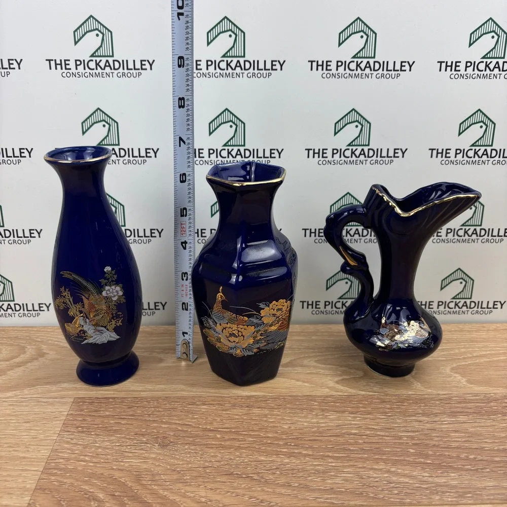 Vintage Cobalt Blue Gold Peacock Porcelain Bud Vase Set 3 Chinoiserie Floral